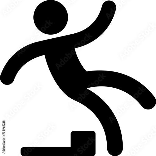 Caution symbol, icon of stick figure man stumbling and falling. Watch your step! Workplace safety and injury vector illustration.