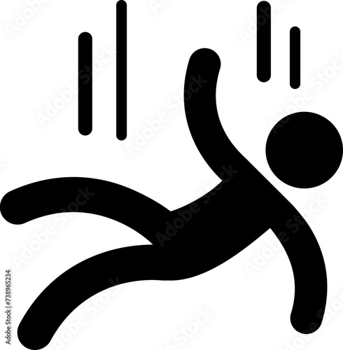 Caution symbol, icon of stick figure man falling from height. Workplace safety and injury vector illustration.