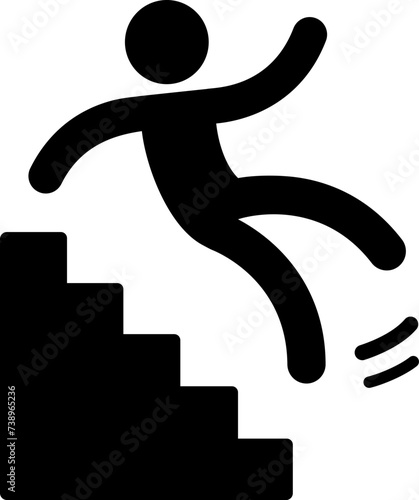 Caution symbol, icon of stick figure man falling down the stairs. Workplace safety and injury vector illustration.