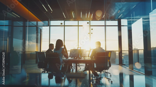 During the golden hour, colleagues collaborate in a glass conference room for a corporate meeting, collectively analyzing data, discussing reports, and brainstorming solutions.