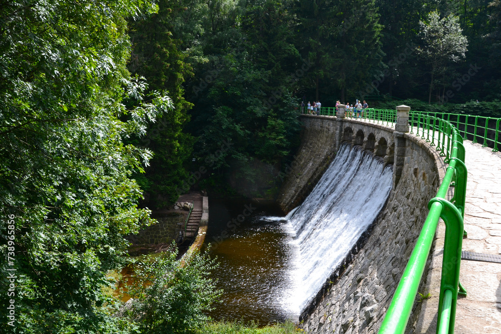 Karpacz, Poland. The Wild Waterfall (polish: Dziki Wodospad) – an anti-rubble dam on the Lomnica River in Karpacz - obrazy, fototapety, plakaty 