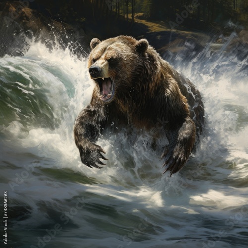 Grizzly Bear Swimming in the Water. Generative AI.