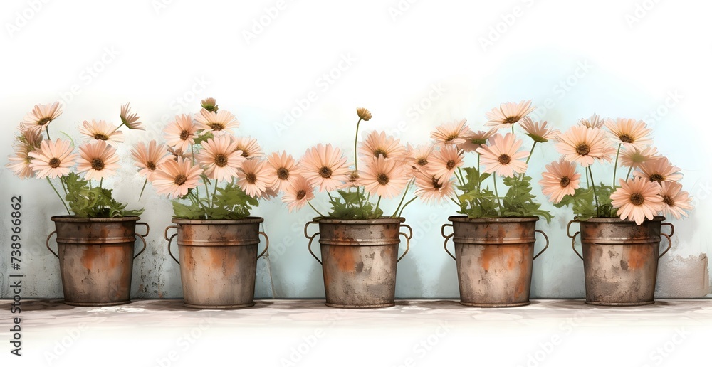 daises in pots in the style of digital airbrushing, realistic yet stylized, digitally enhanced, 32k uhd, detailed crosshatching white background