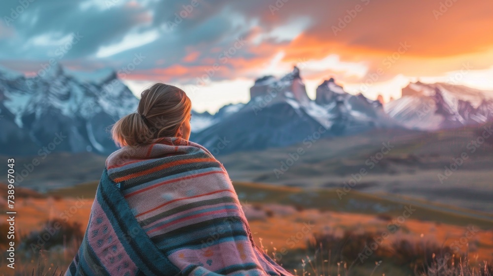 woman with coat on a mountain top at sunset with the sun in the background