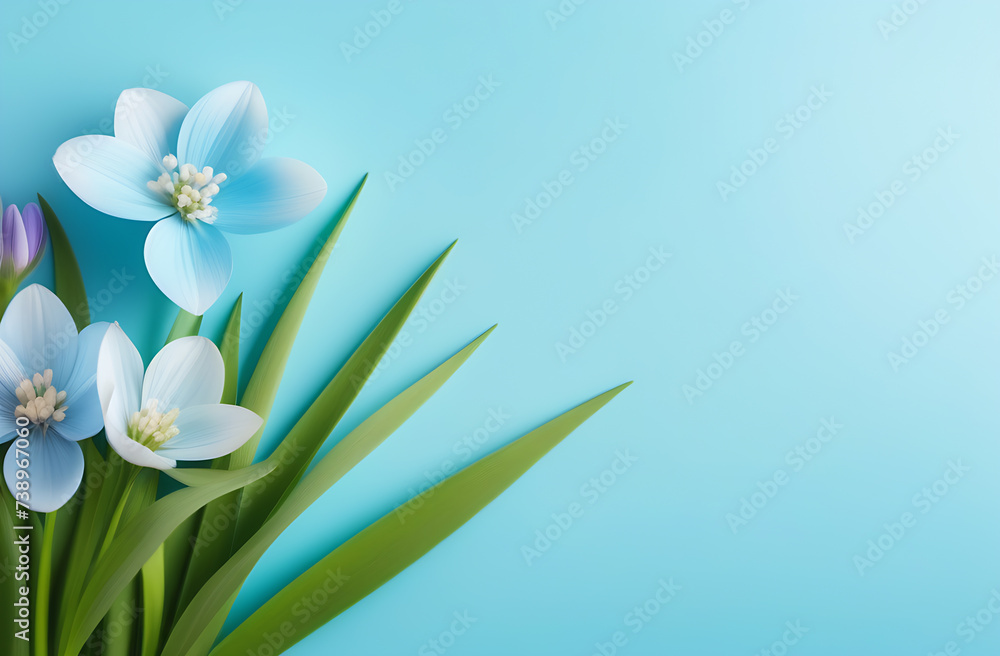 Flat lay Spring flowers on blue background with space for text