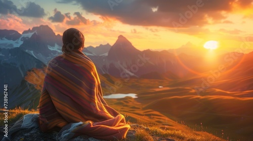woman with a coat on a mountain top at sunset with the sun in the background in high resolution and high quality. camping,sunset concept © Marco