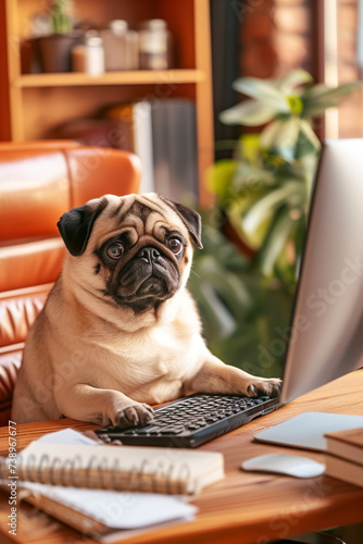 funny pug dog working with personal computer in office, cute doggy work with laptop and typing text