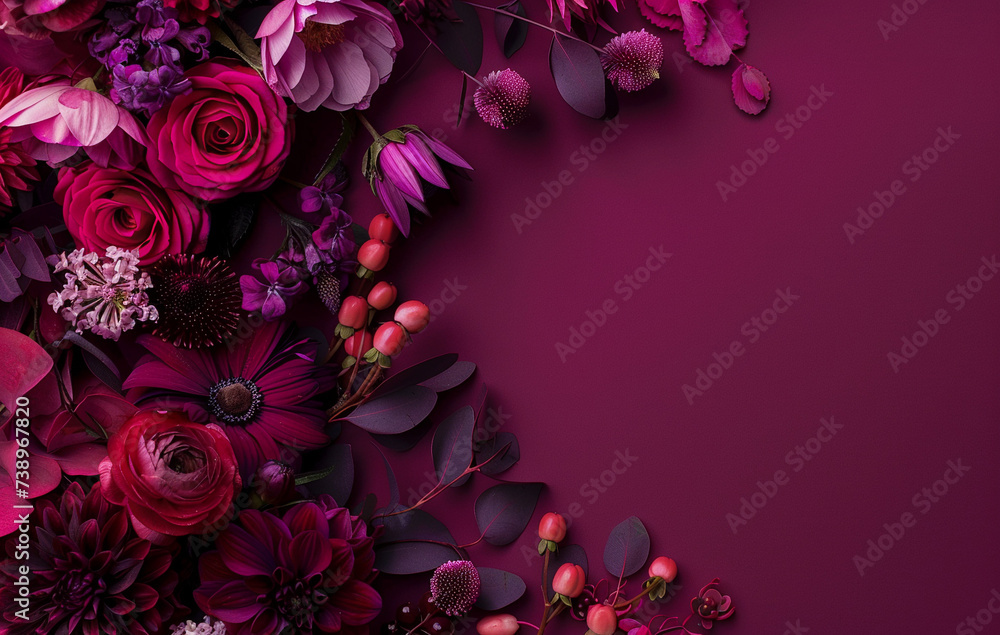 A concept of quiet luxury. Frame with red and burgundy flowers on dark background. Luxurious, flowers in hyperrealistic style. Greeting card template for postcard, brochure. Beautiful cover concept. A concept of quiet luxury. Frame with red and burgundy flowers on dark background. Luxurious, flowers in hyperrealistic style. Greeting card template for postcard, brochure. Beautiful cover concept.