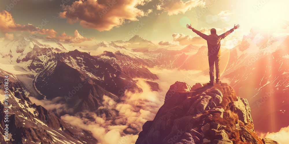 A joyful man standing triumphantly with raised arms on a mountain summit, exuding positivity and achievement