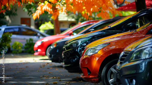A row of cars parked neatly in an outdoor parking lot with vibrant surroundings. Showing a mix of different car models to depict variety
