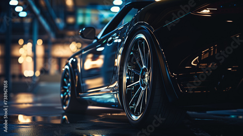 A high-end luxury car parked in a dimly lit environment, focusing on its sleek design and shiny exterior. Add a touch of mystery and allure to the scene © AndyGordon