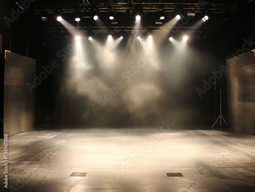 Showcasing an empty stage bathed in dramatic lighting, with spotlights illuminating the space. Subtle elements of contemporary dance props or equipment to set the mood