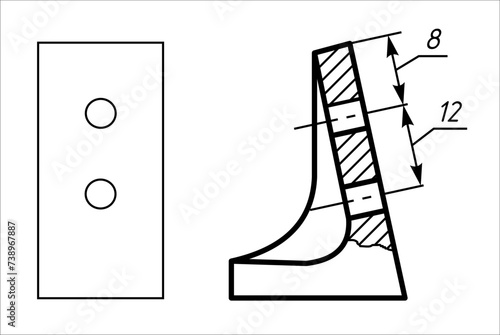 Vector engineering drawing of steel mechanical parts 
with through holes and dimension lines. Industrial 
cad scheme on white paper sheet. Technology background.