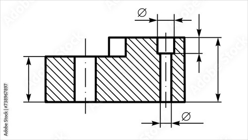 Vector engineering drawing of steel mechanical parts 
with through holes and dimension lines. Industrial 
cad scheme on white paper sheet. Technology background.