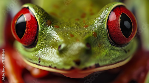 macro shot of exotic green tree frog with red eyes photo