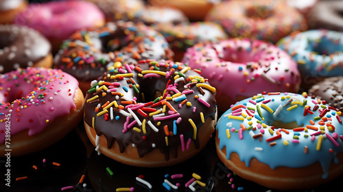 Dessert donuts, various colors, sprinkled with toppings on top
