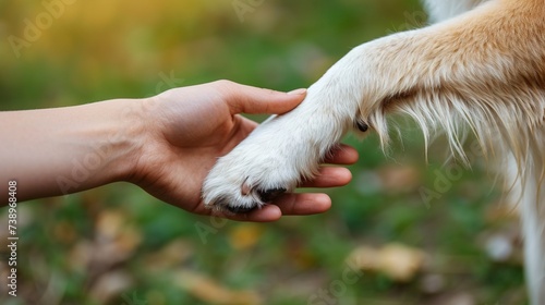 man and dog handshake with hand and paw, trust and friendship of human and animal