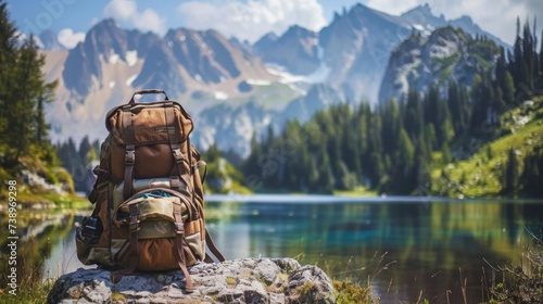 majestic traveling backpack on a stone over a beautiful lake and big mountains