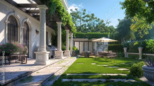 beautiful backyard of a house with grass and barbecue area and daytime footprints in high resolution