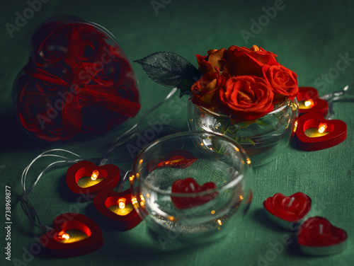Bouquet of roses, candles and gifts, card for February 14, Valentine's Day, March 8, International Women's Day, wedding, birthday, mother's day, blurred background, bokeh.
