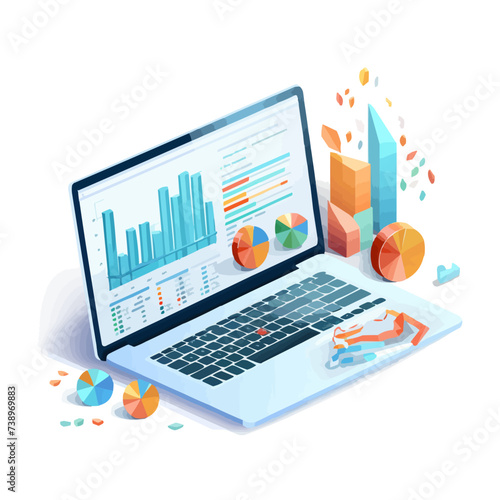 Business performance analysis, benchmark metrics audit concept. Analyzing financial statistics, data, graph, chart, report on computer screen. Flat vector illustration isolated on white background