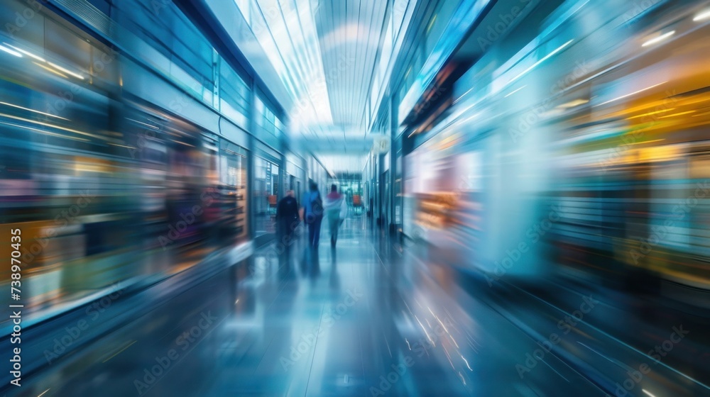 Obraz premium Professionals move with speed through a modern corridor, their figures a blur of motion against the reflective surfaces and blue tones of the urban setting..
