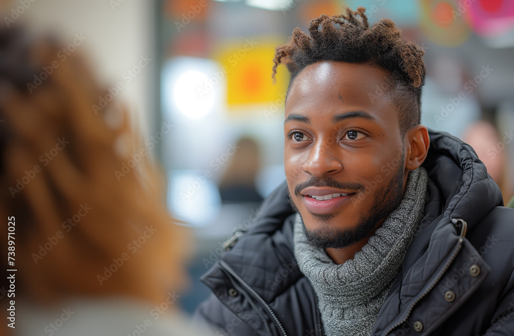 Obraz premium Candid Conversation: Young Man's Engaging Smile and Winter Fashion