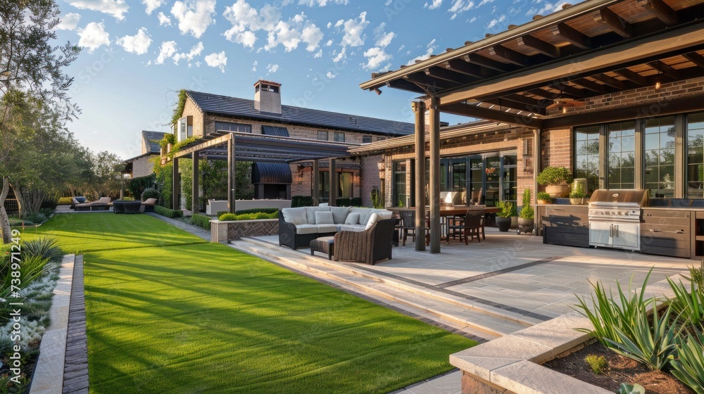 majestic backyard with a beautiful lawn and barbecue area