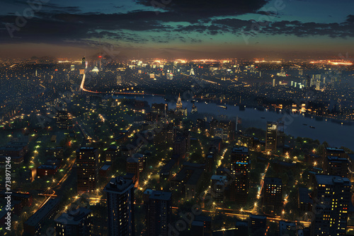 A High-Angle Cityscape  Urban Nocturne. Generative AI