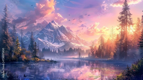 beautiful fairy tale landscape with big mountains and a big lake and blue sky