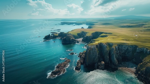 Epic drone shot of a rugged coastline, nature s grandeur and adventure photo