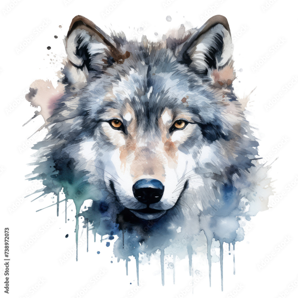 Fototapeta premium Wolf Kopf Portrait Aquarell Kunst Farbspritzer Wildtier Illustration Raubtier Natur Kraftvoll Wanddeko Wohnzimmer Einrichtung Stilvoll Geschenk Tierliebhaber