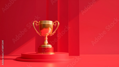 One golden winner cup with silver sparkles on a red background. Red podium and golden confetti flying in air. 3D platform for prize winner award. Background for presentation of new product, discount