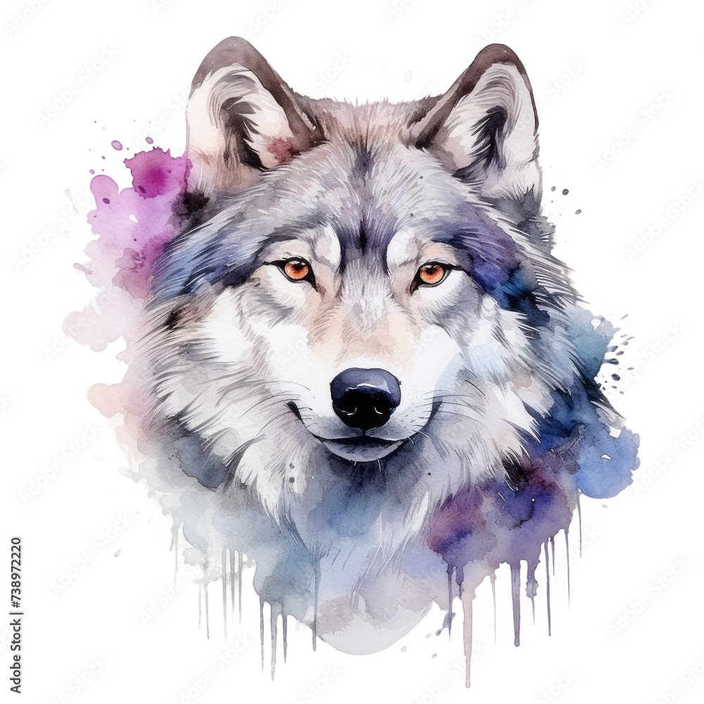 Wolf Kopf Portrait Aquarell Kunst Farbspritzer Wildtier Illustration Raubtier Natur Kraftvoll Wanddeko Wohnzimmer Einrichtung Stilvoll Geschenk Tierliebhaber