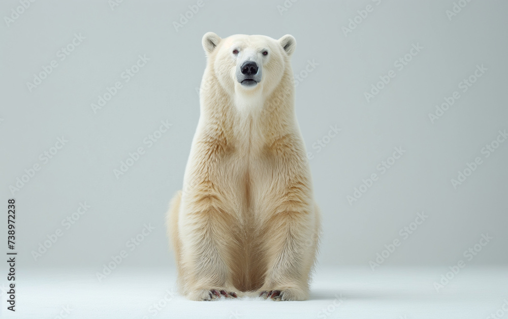 Fototapeta premium Polar bear front view sitting isolated on white background. Generative AI