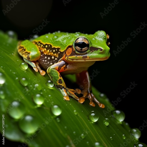Vibrant Green Tree Frog on Wet Banana Leaf, Rainforest Wildlife Photography © Qstock