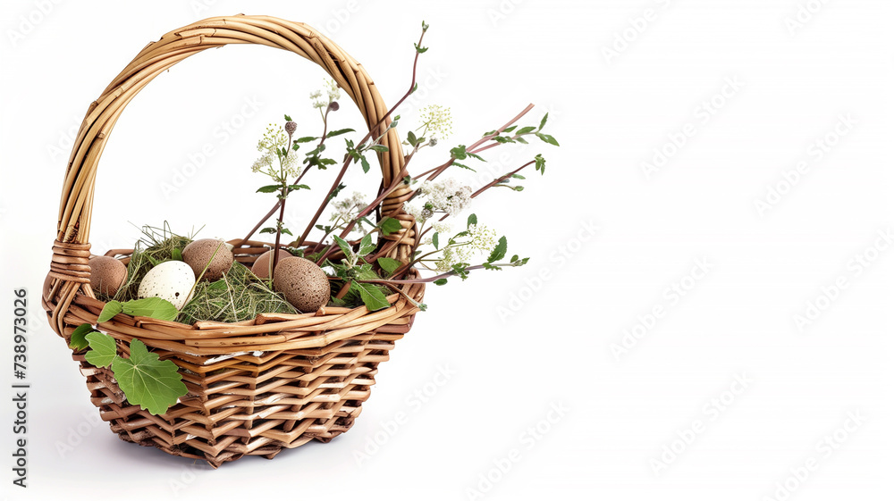 Easter egg basket with spring herbs isolated on white background with copy space | Generative AI Easter egg basket with spring herbs isolated on white background with copy space | Generative AI