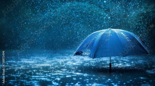 blue umbrella on the ground of a road with a big rain falling photo