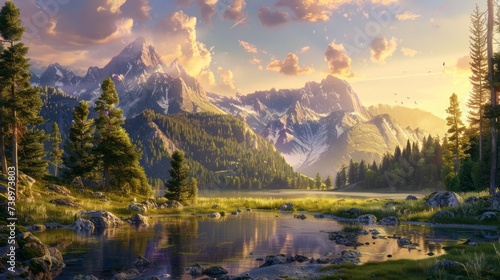 majestic landscape with a large lake and large mountains with green pine trees