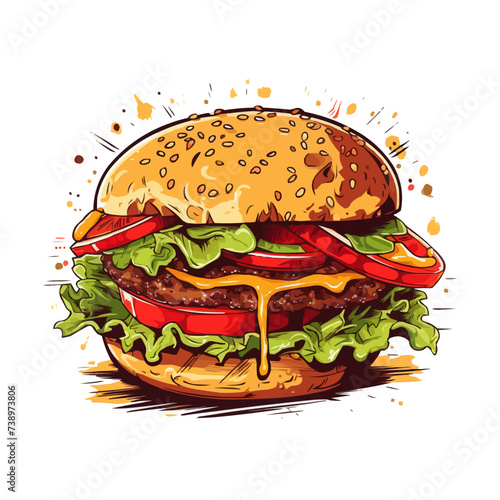 Hand drawn vector bread burger illustration with meatloaf tomato vegetarian dish, white background, delicious food for lunch and dinner, fast food