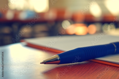 Pen Sitting on Top of Notebook on Table photo