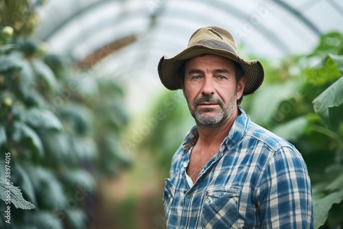 farmer portrait stands in a greenhouse and looks at the camera, photographic real quality --ar 3:2 --v 6 Job ID: b61045d3-4295-4ac6-a682-ba105919b98a