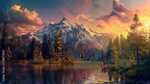 majestic landscape with a large lake and large mountains with green pine trees and a purple sunset in high resolution and quality. concept of beautiful and amazing European landscapes  sunset  sunrise