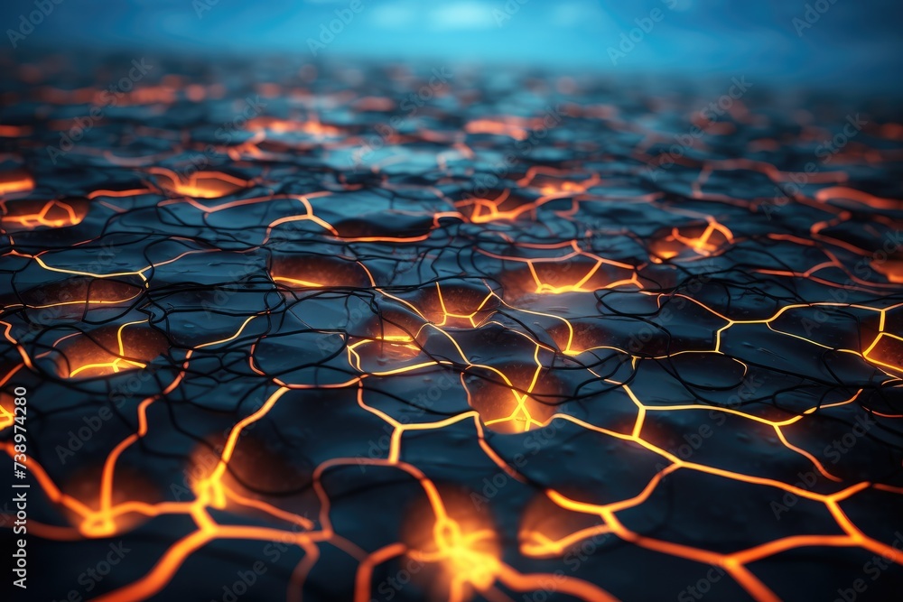 Fototapeta premium A close up of a lava field with glowing orange flames. Generative AI.