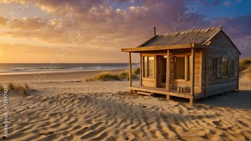 A small wooden hut sits on the sand at sunset. Generative AI.