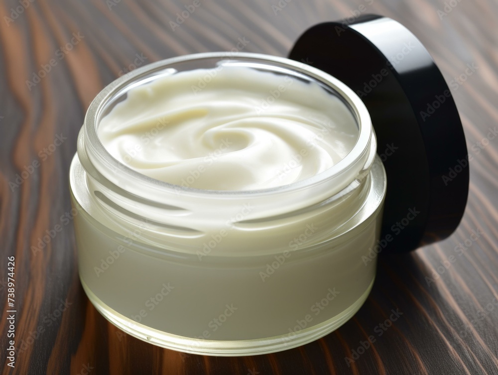 A jar of cream on a wooden table. Generative AI. A jar of cream on a wooden table. Generative AI.
