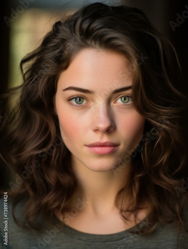 A stunning young woman with captivating green eyes. Generative AI.