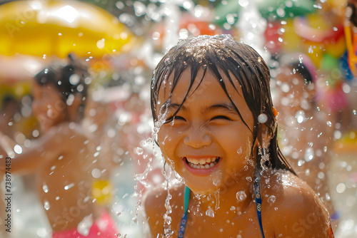 Child in Songkran festival joy, with water play and festive vibes