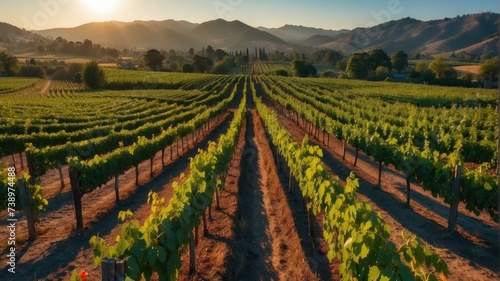 The sun rises over a vineyard field. Generative AI.