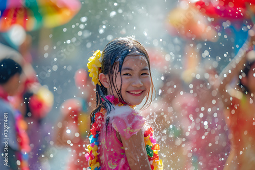 Child in Songkran festival joy, with water play and festive vibes